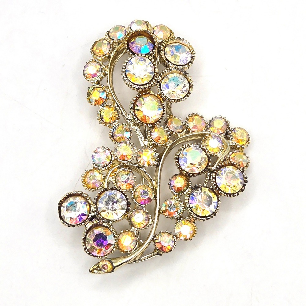 Vintage BSK Brooch Gold Tone Aurora Borealis AB Rhinestone Floral Spray‎ Pin